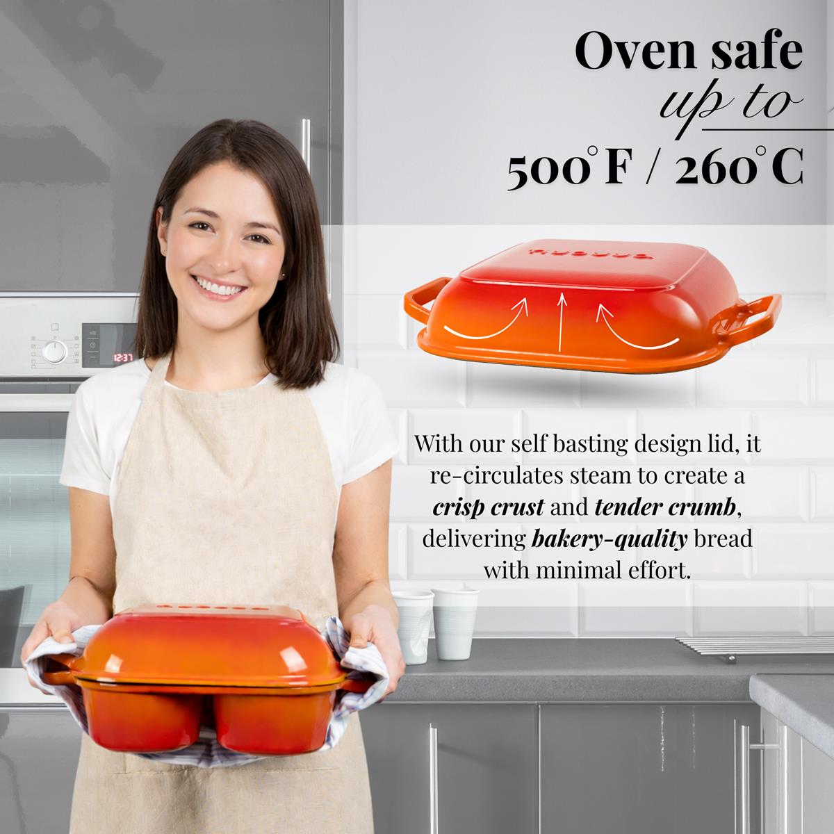 Oven safe cast iron bread loaf pan with self-basting lid for crisp and tender bakery style bread at home. 