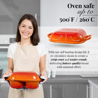 Oven safe cast iron bread loaf pan with self-basting lid for crisp and tender bakery style bread at home. 