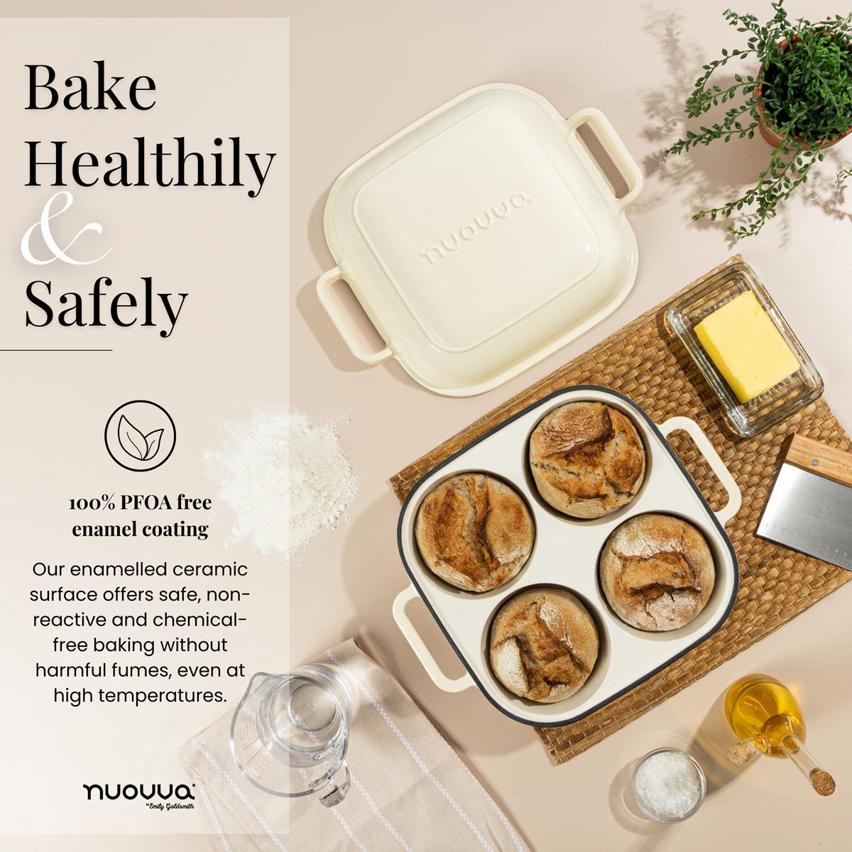 Healthy baking with the nuovva cast iron quad pro bread pan with 100% PFOA free enamel coating