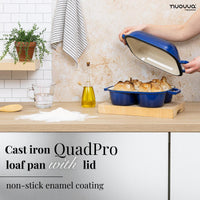 Cast iron quadpro loaf pan with lid - non-stick enamel coated Dutch oven for home baked bread. 