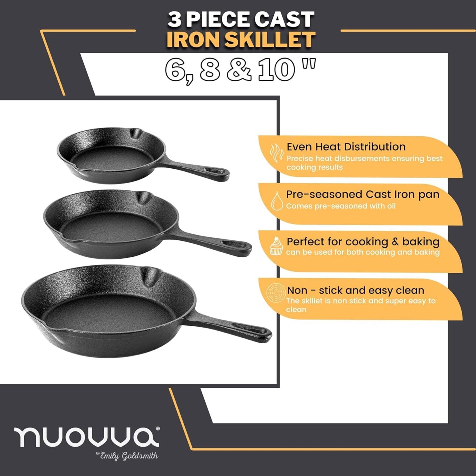 3pcs cast iron skillet set with even heat distribution - the perfect frying pan for cooking and baking. 