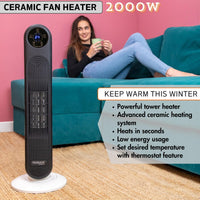Portable tower fan heater (2000w) to heat in seconds with low energy usage and advance ceramic heating system