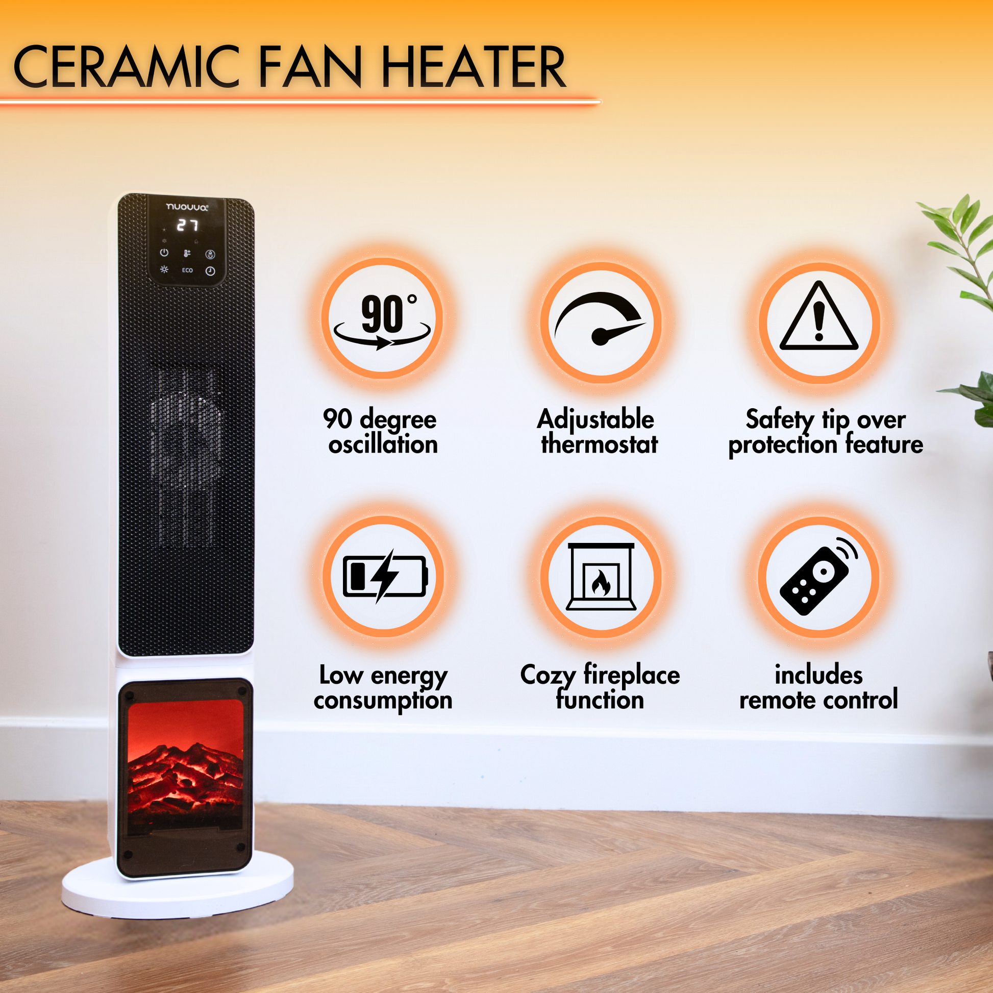 White ceramic low-energy consumption heater with tip-over protection, 90 degree oscillation and fireplace display. 