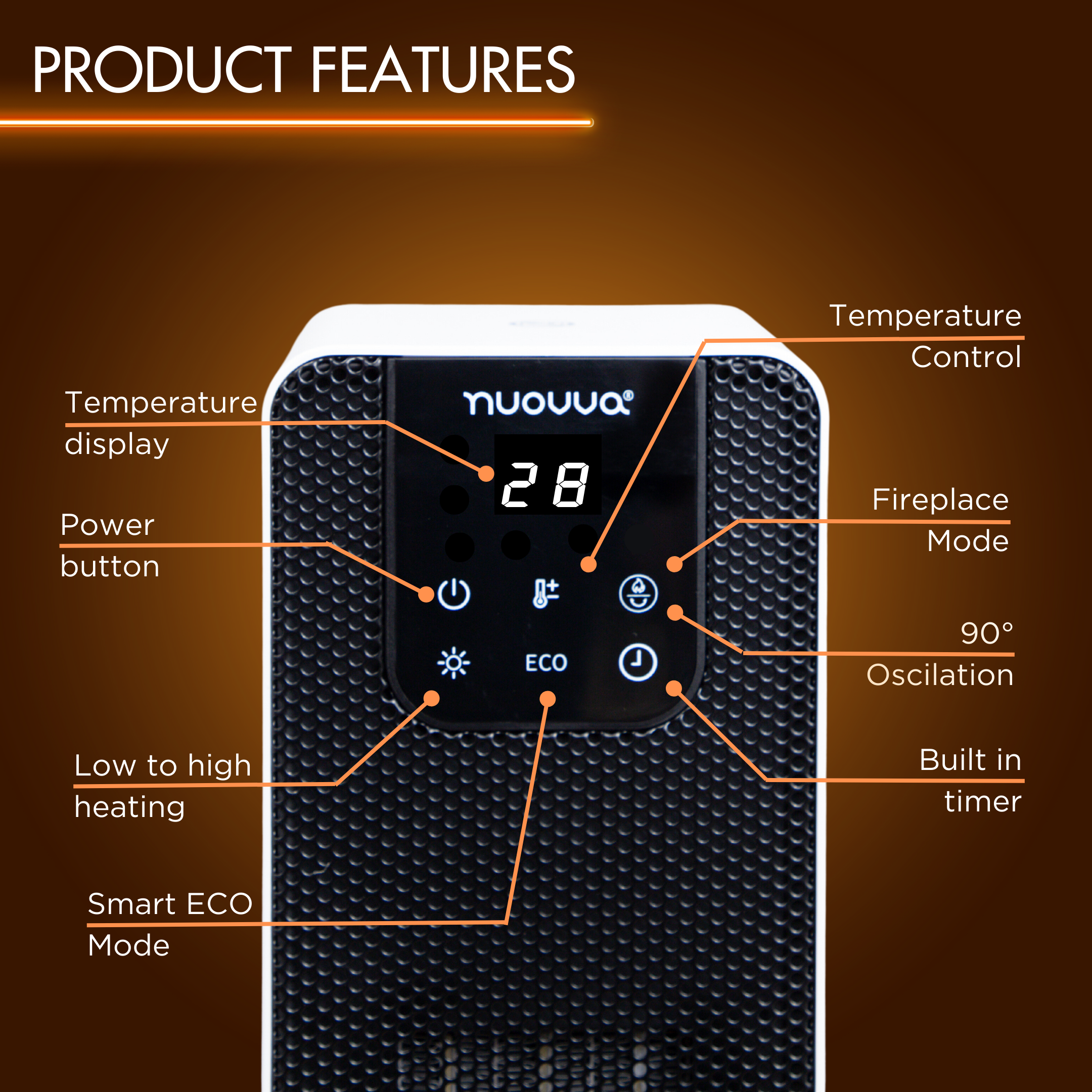 Tower heater with digital display including temperature control, fireplace mode, eco mode and built in timer. 
