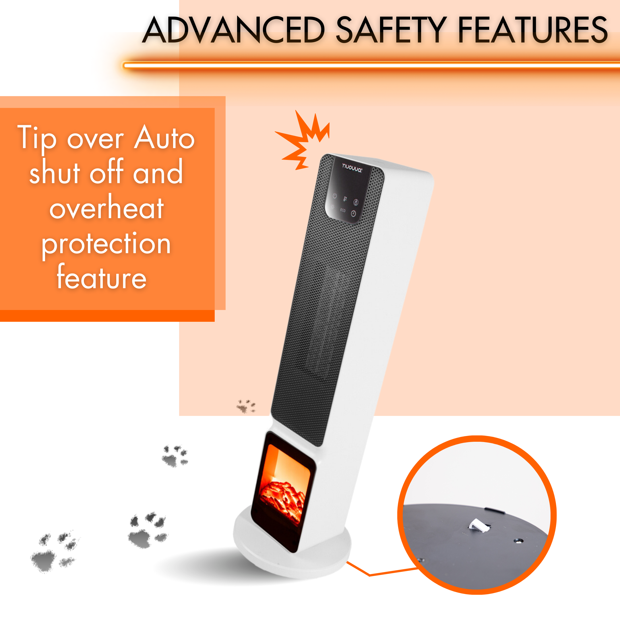 Ceramic tower heater with overheat protection and auto-shut off in case of fall. 