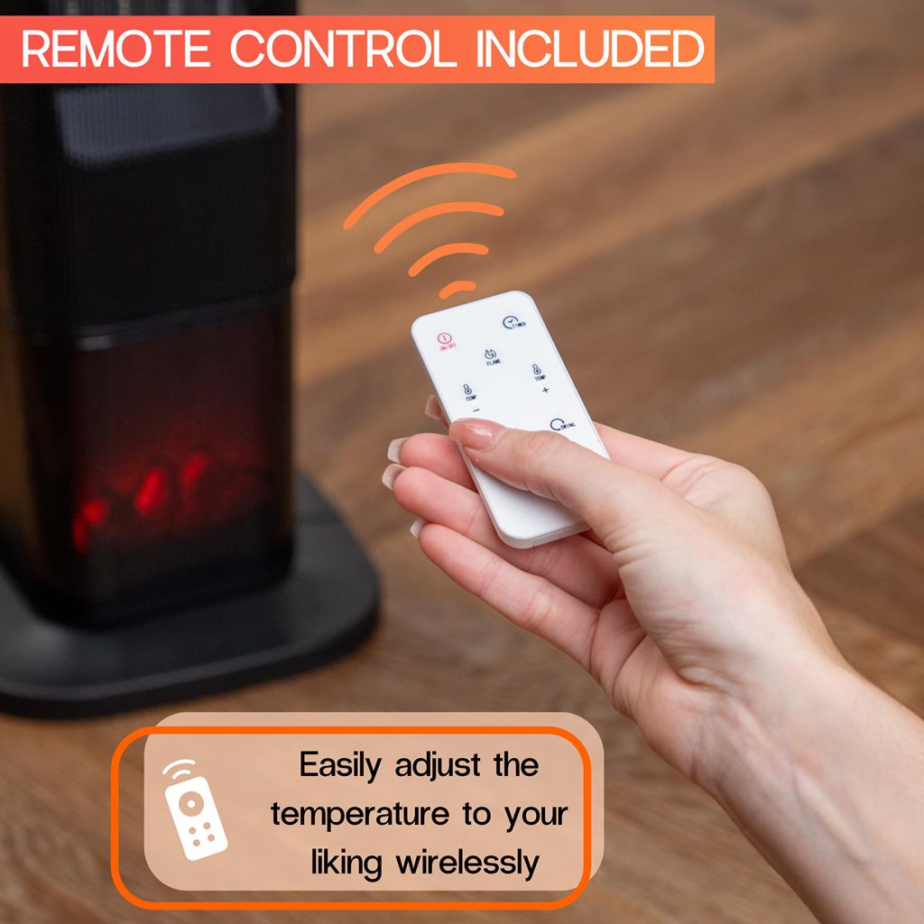 Black tower heater with remote control to easily adjust temperature. 