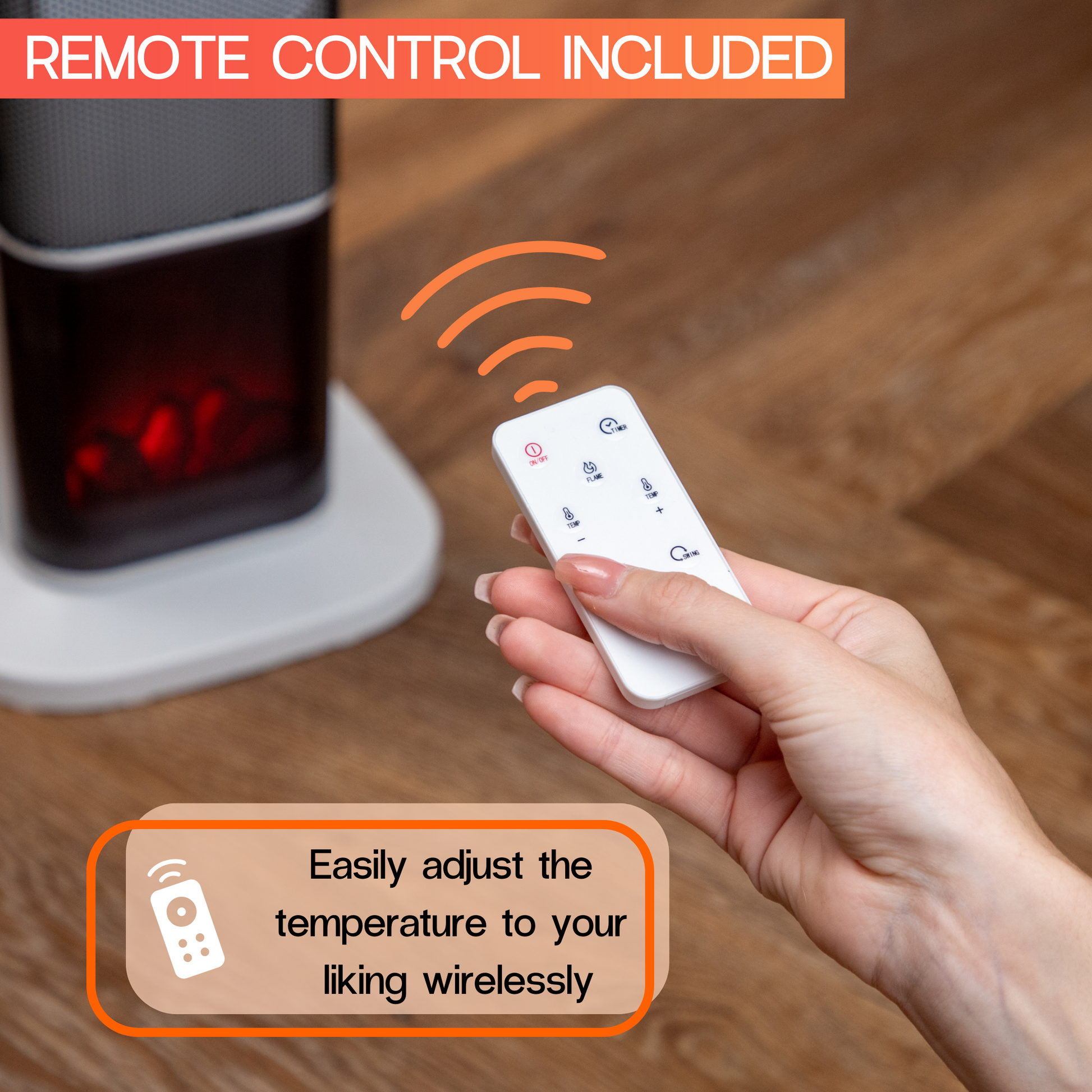 Ceramic tower heater with fireplace display and remote control for home heating. 