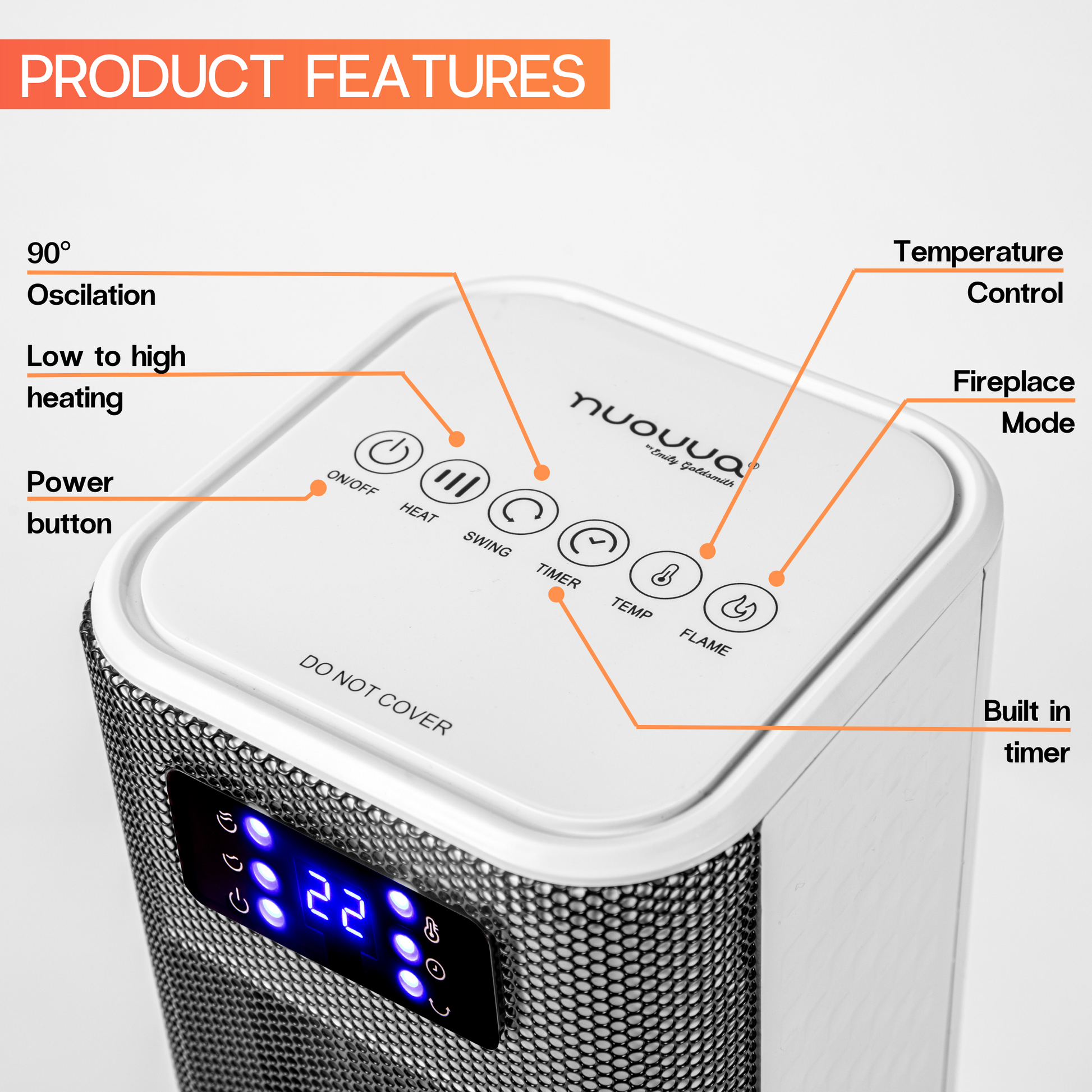 Ceramic white tower heater with interactive touchscreen for temperature control, fireplace mode, built in timer and oscillation.  