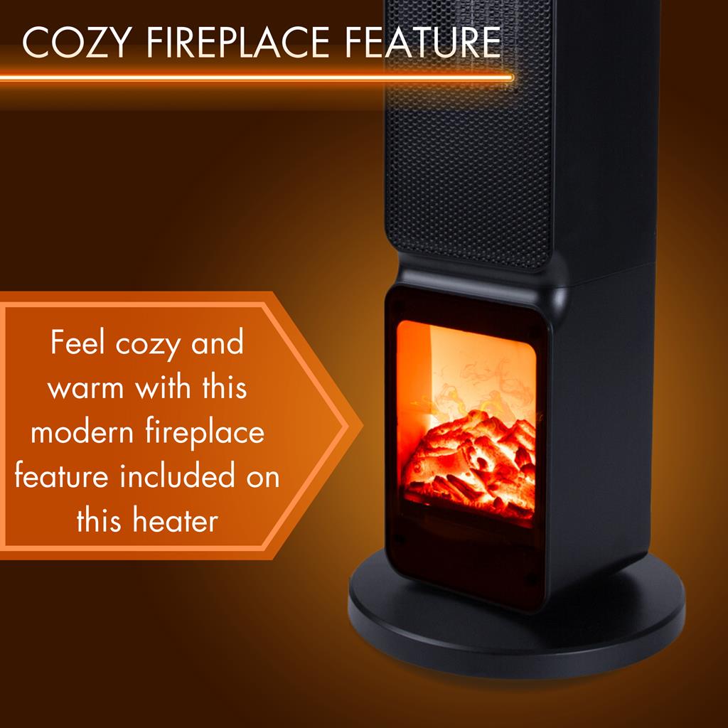 Black ceramic tower heater with cozy fireplace display built-in. 