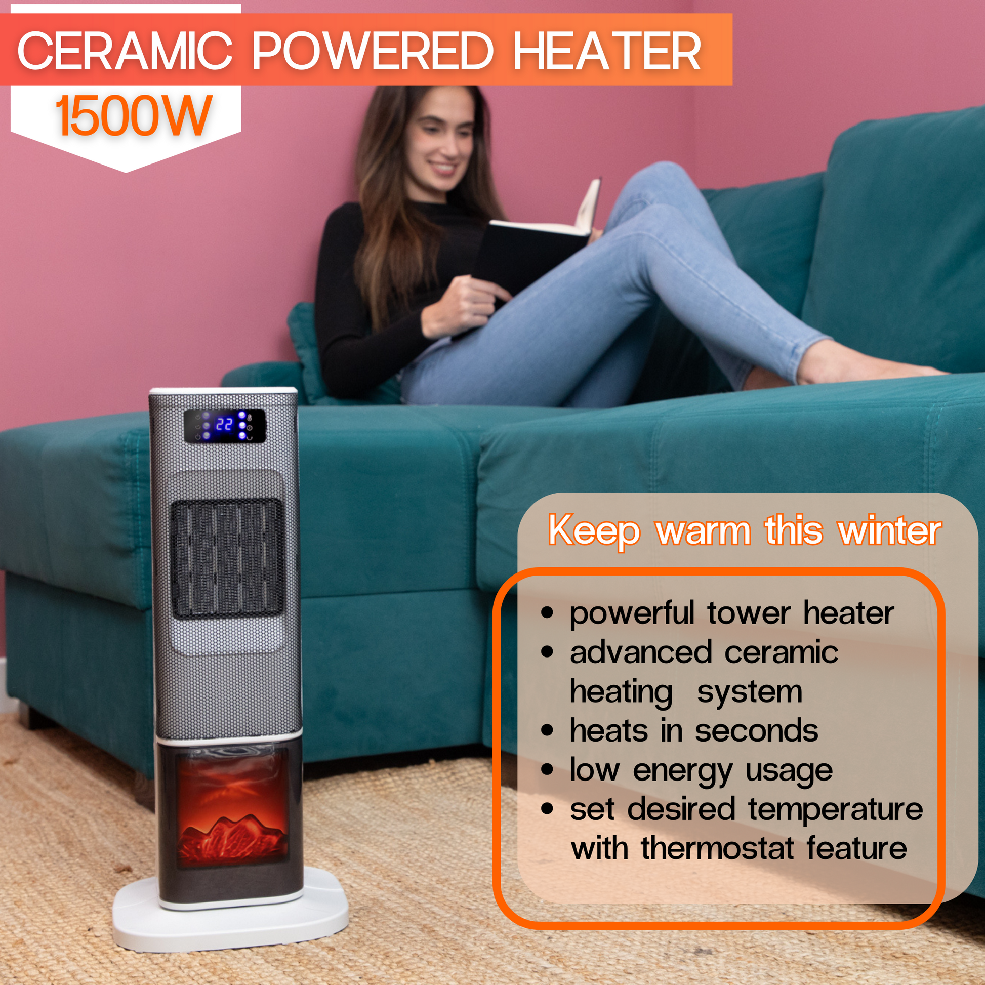 White 1500w ceramic powered heater to keep homes warm with low energy and powerful tower heating. 