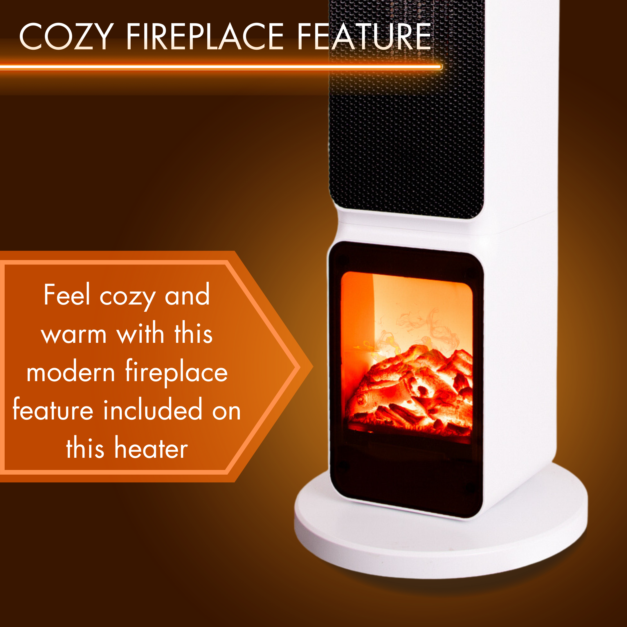 White ceramic tower heater with cozy fireplace display 