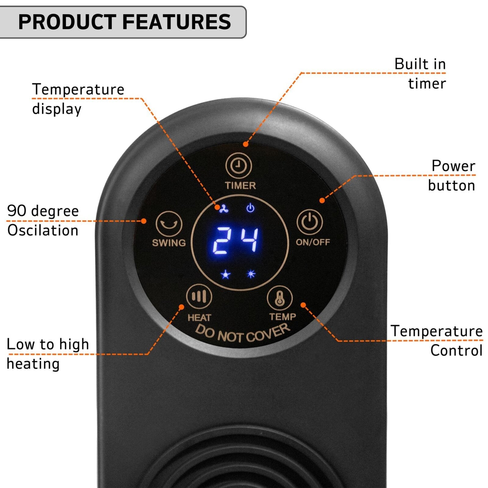 Nuovva tower heater with display including built in timer, power button and oscillation features. 