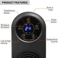 Nuovva tower heater with display including built in timer, power button and oscillation features. 