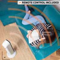 Nuovva tower heater with remote control for easy home heating. 