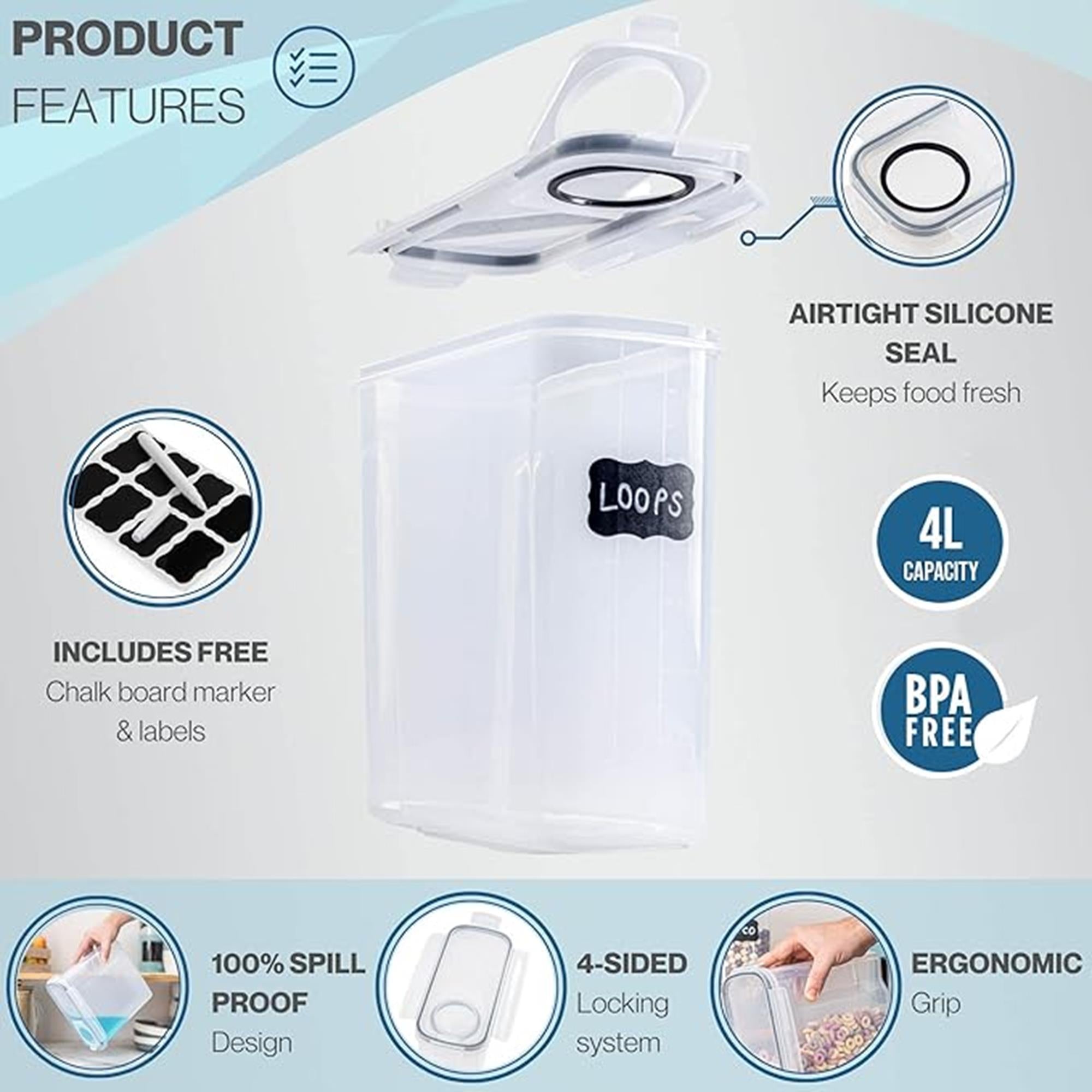 Product features of a cereal storage container with airtight silicone seal and capacity details.