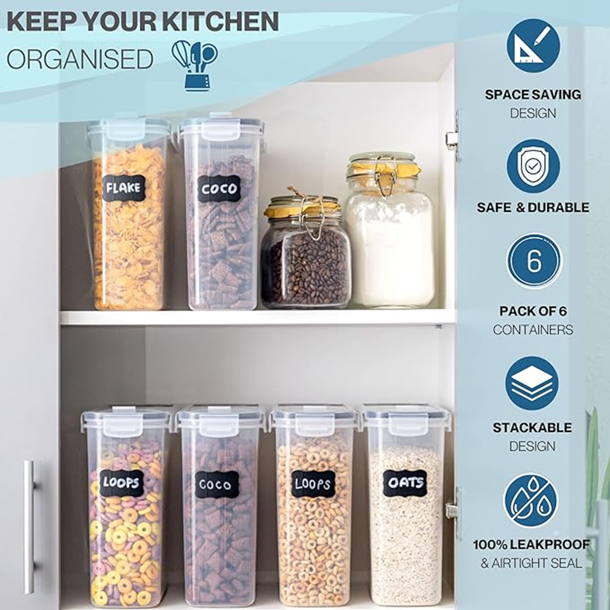 Keep your kitchen organized with 6 safe & durable storage containers featuring a space saving, stackable design and 100% leakproof & airtight  seal.