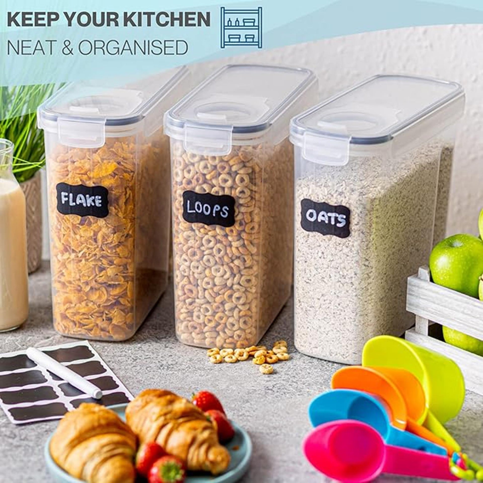 Keep your kitchen neat & organized with cereal storage containers.