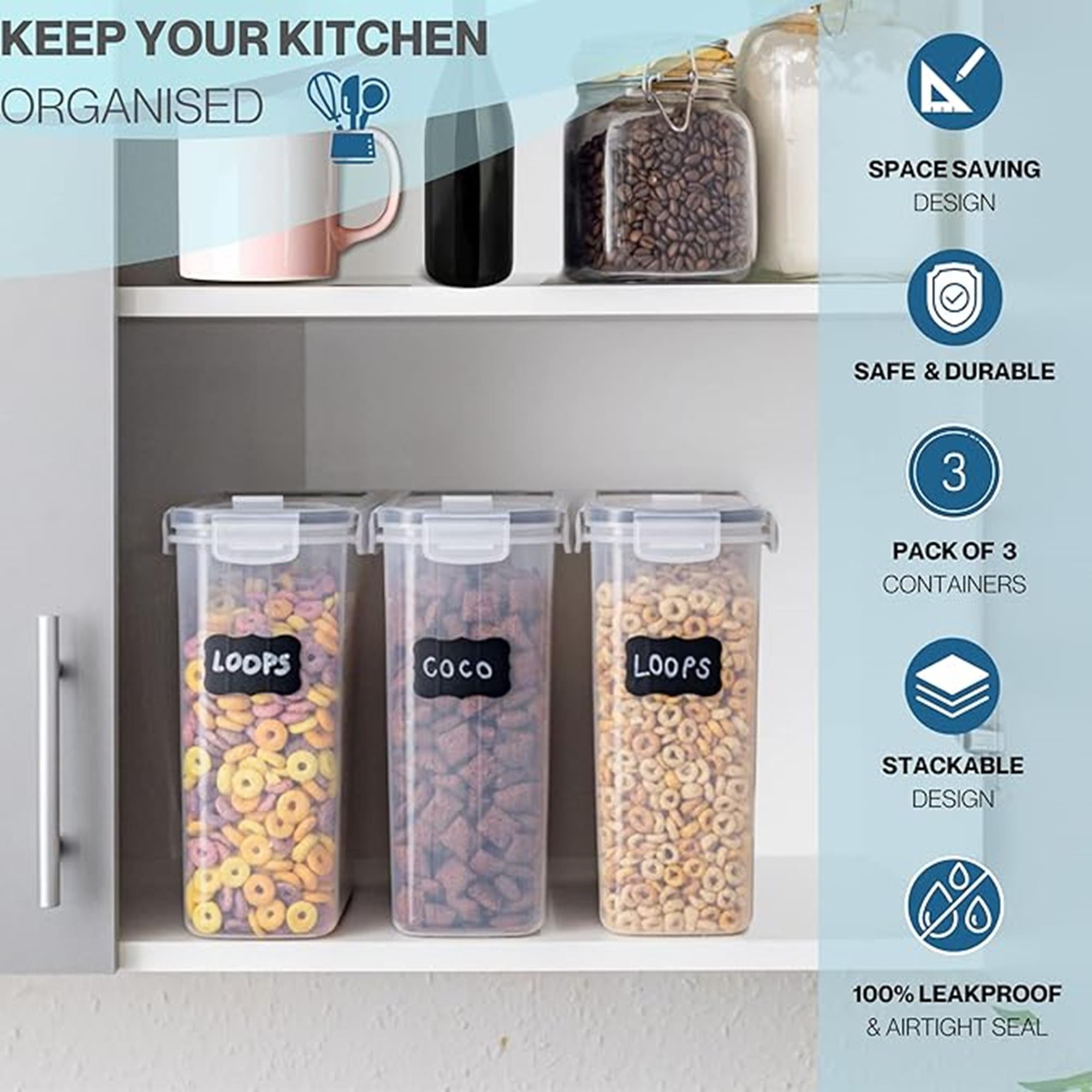 Keep your kitchen organized with the pack of 3 safe & durable cereal storage container with stackable space saving design.