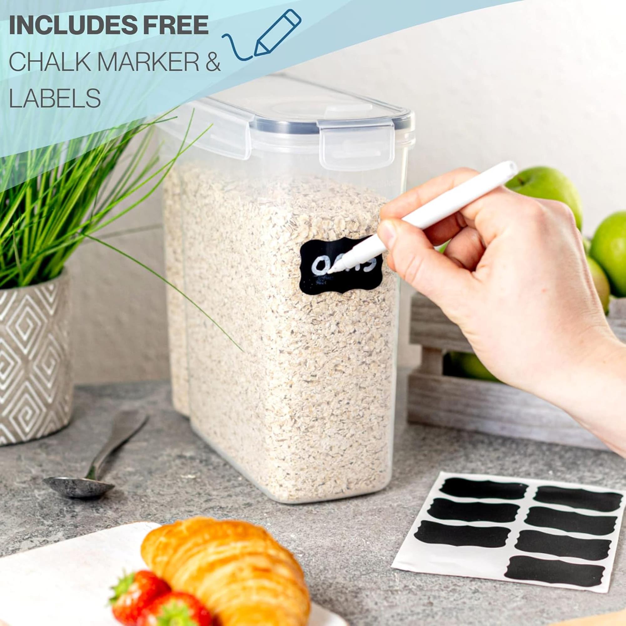 Clear cereal storage container includes free chalk marker and labels for easy home storage and organization