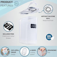 Clear cereal storage containers with airtight silicon seal to keep food fresh, chalk and label and a 100% spill-proof design. 