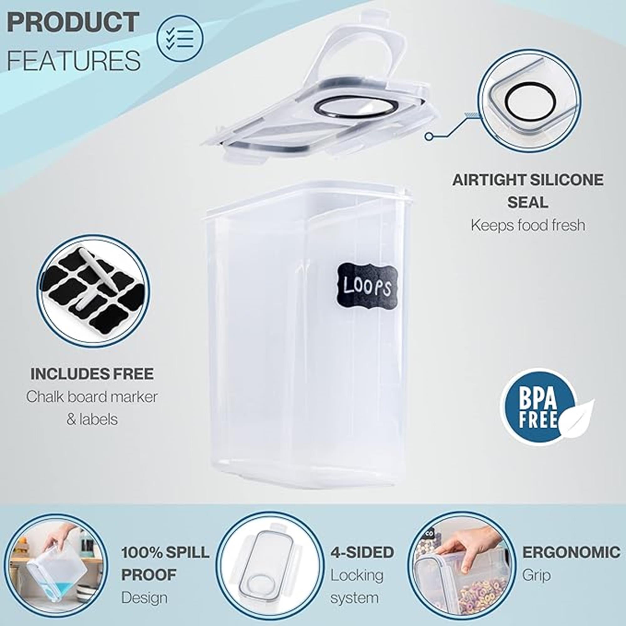 Clear cereal storage containers with airtight silicon seal to keep food fresh, chalk and label and a 100% spill-proof design. 