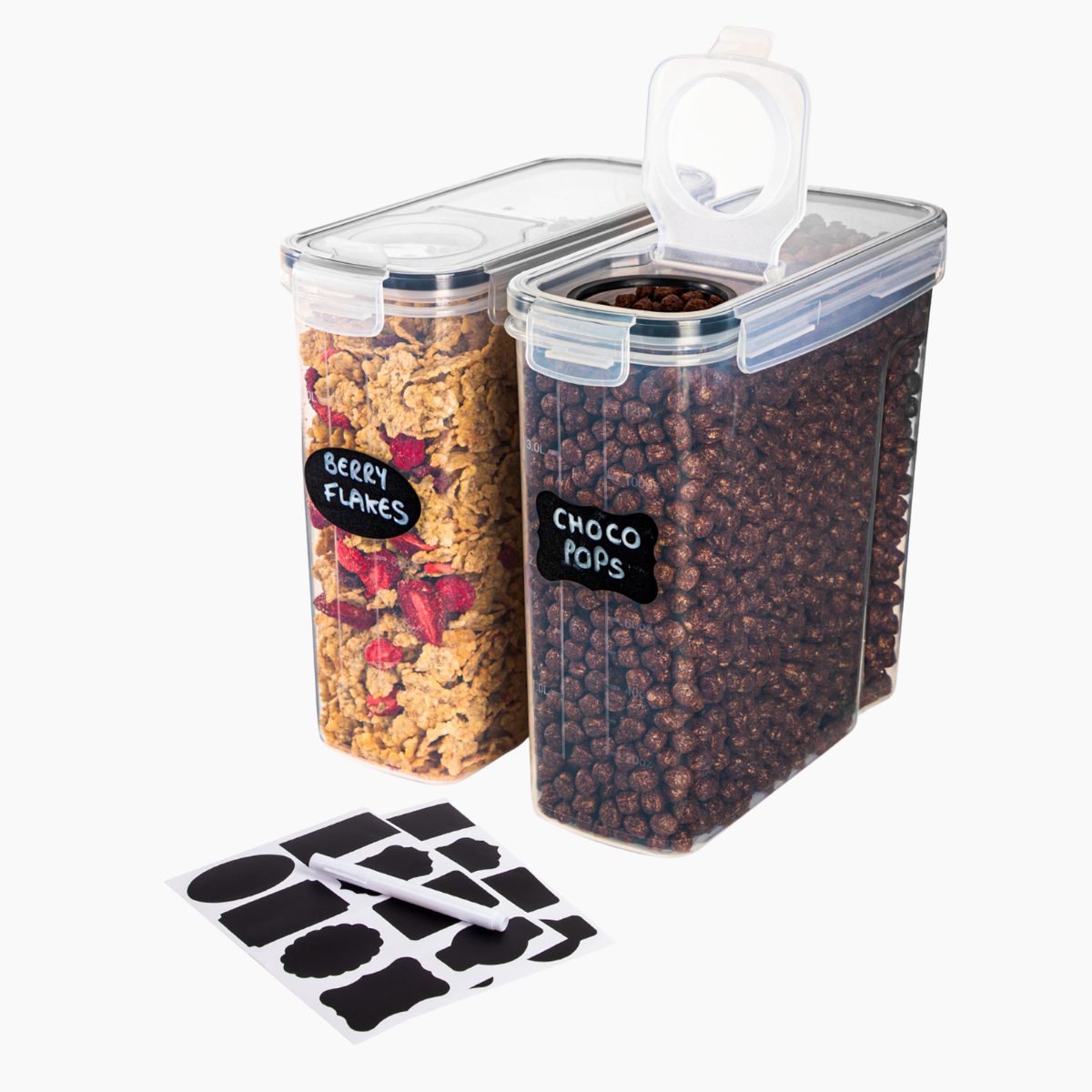 Set of 2 cereal storage containers with flip-lids, chalk and labels for easy home organisation. 