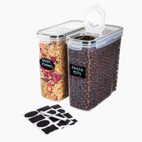 Set of 2 cereal storage containers with flip-lids, chalk and labels for easy home organisation. 