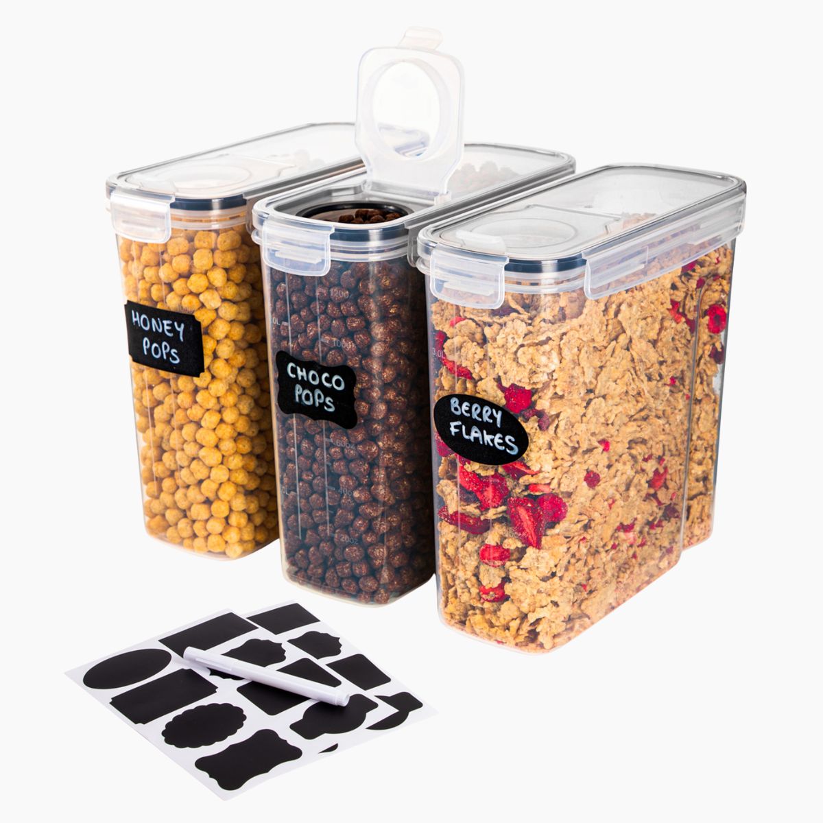 3pcs clear cereal storage containers with lids, chalk and labels to keep kitchens organized. 