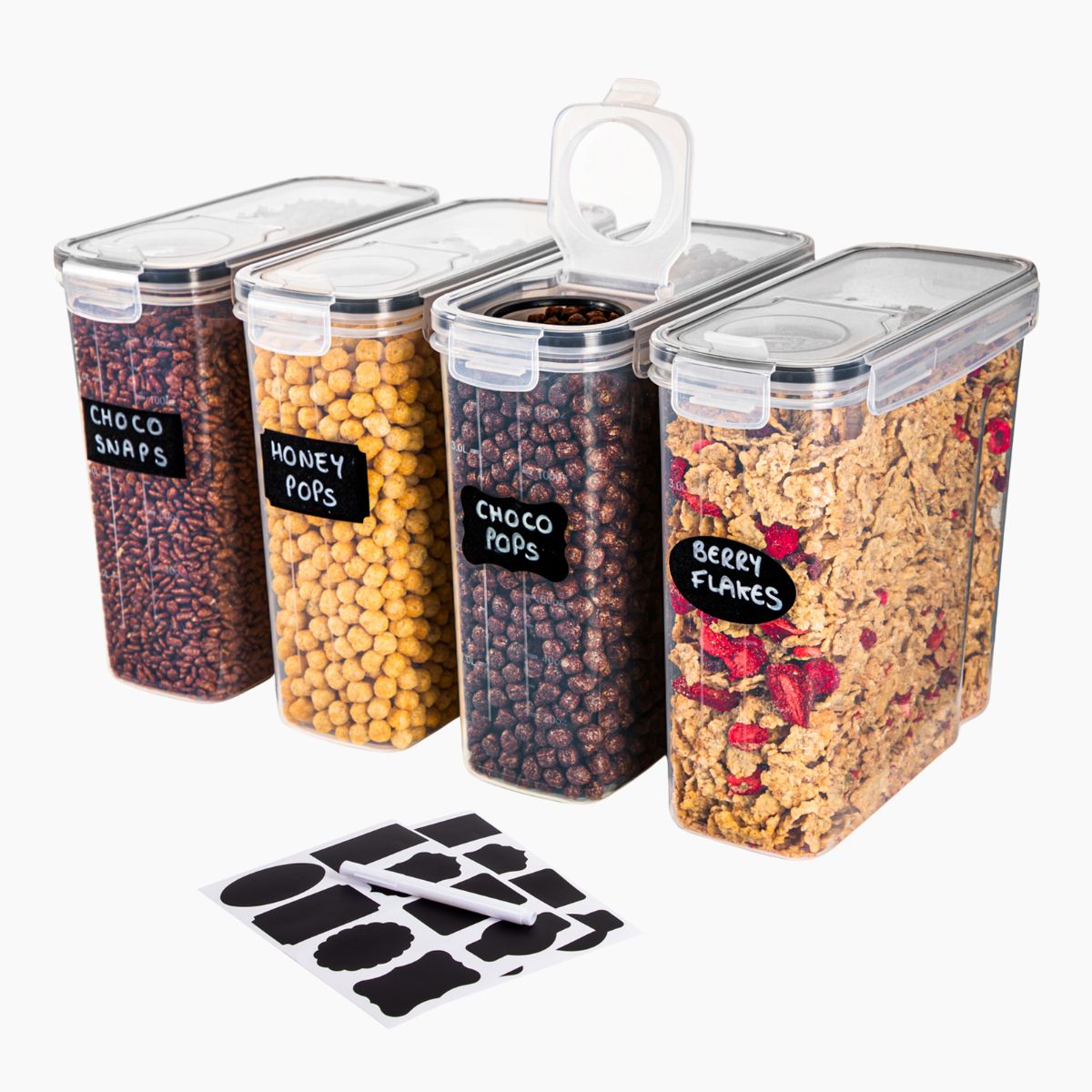 Set of four clear food storage containers with labels and chalk for easy home organization
