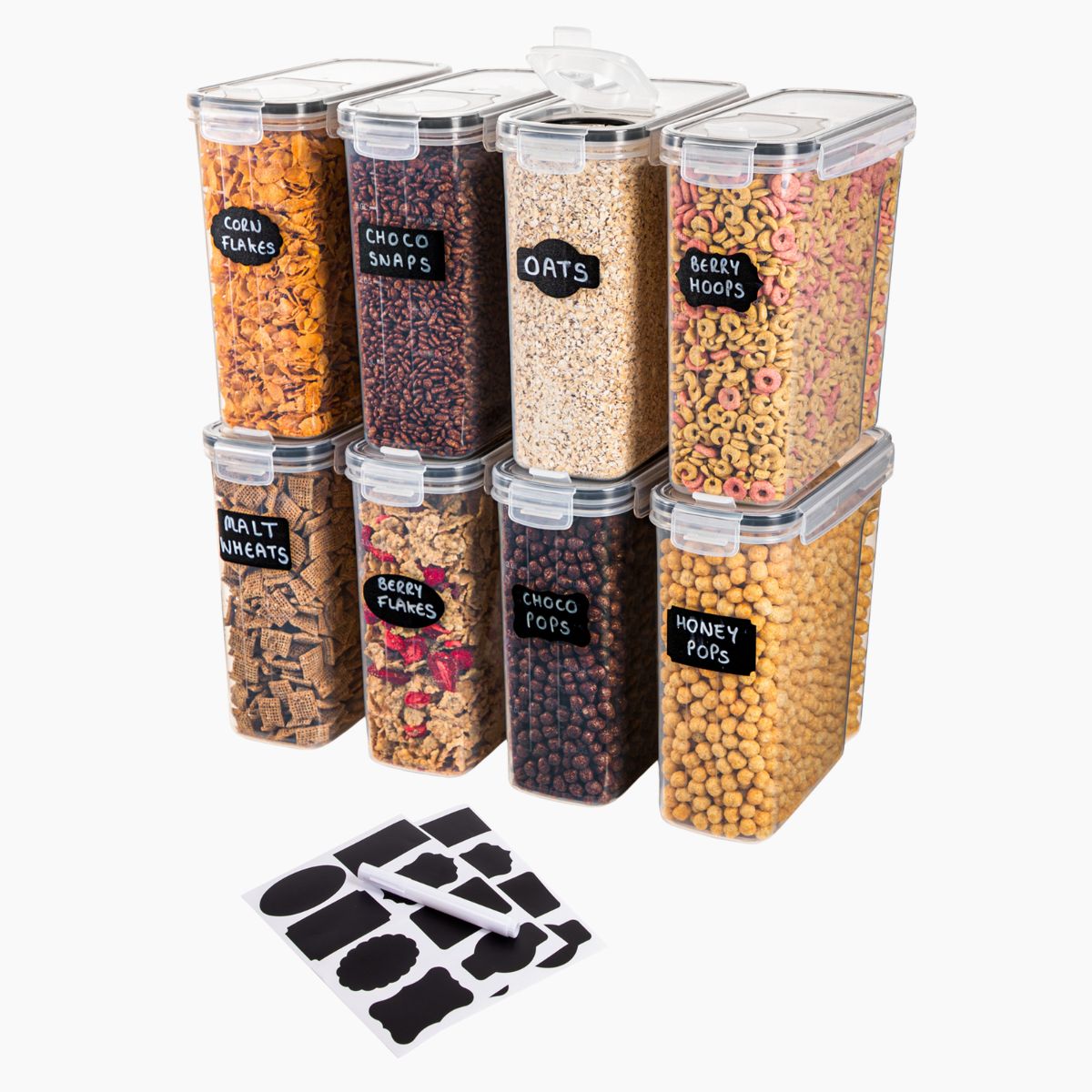 Set of 8 storage containers with labels and chalk fir easy home organization