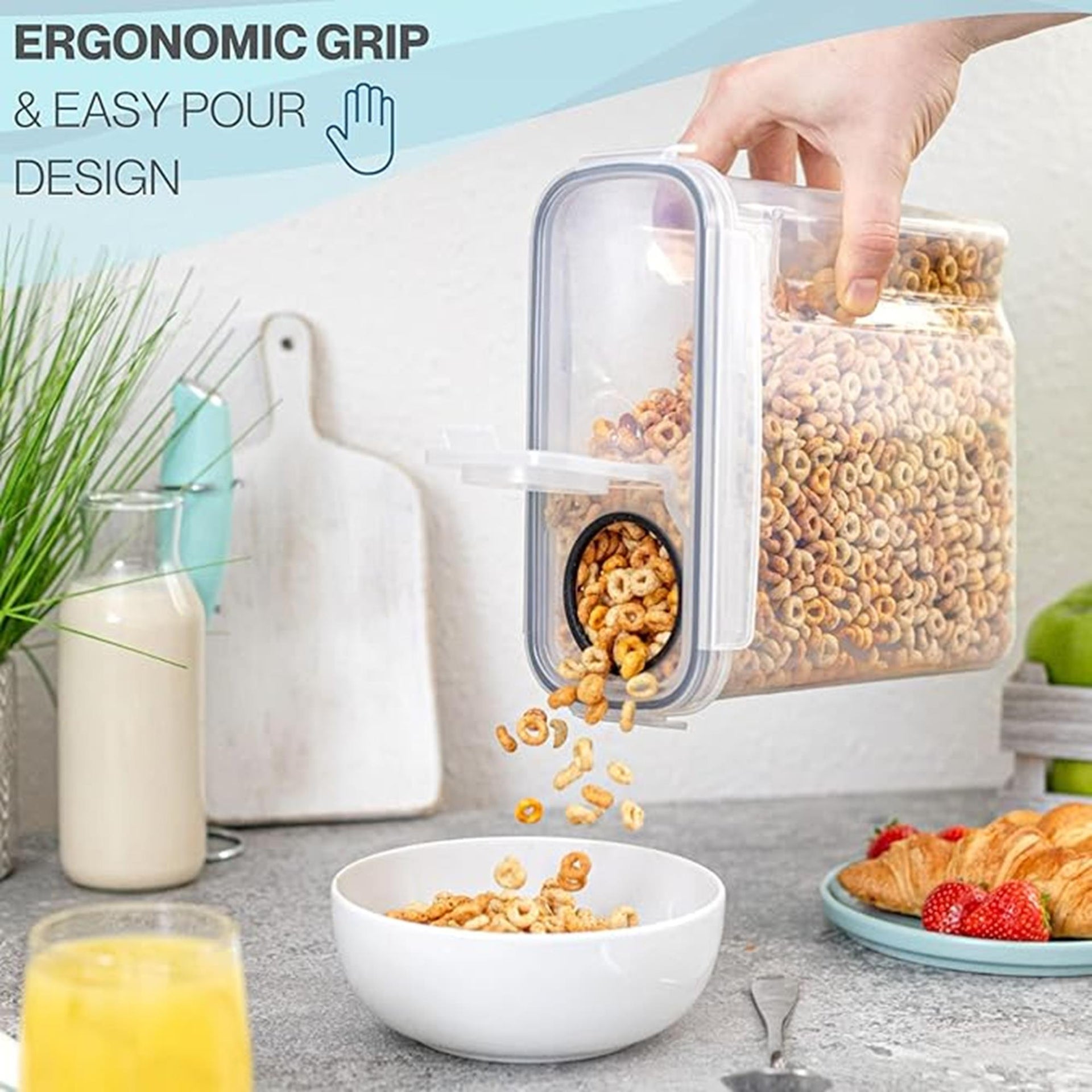 Clear cereal storage container with ergonomic grip and easy pour design for organized kitchens and homes. 