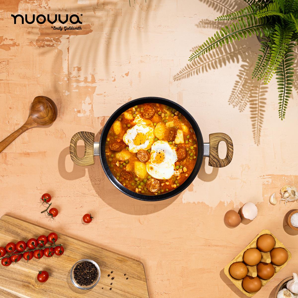Nuovva 24cm casserole pot with wooden handles for easy home cooking. 