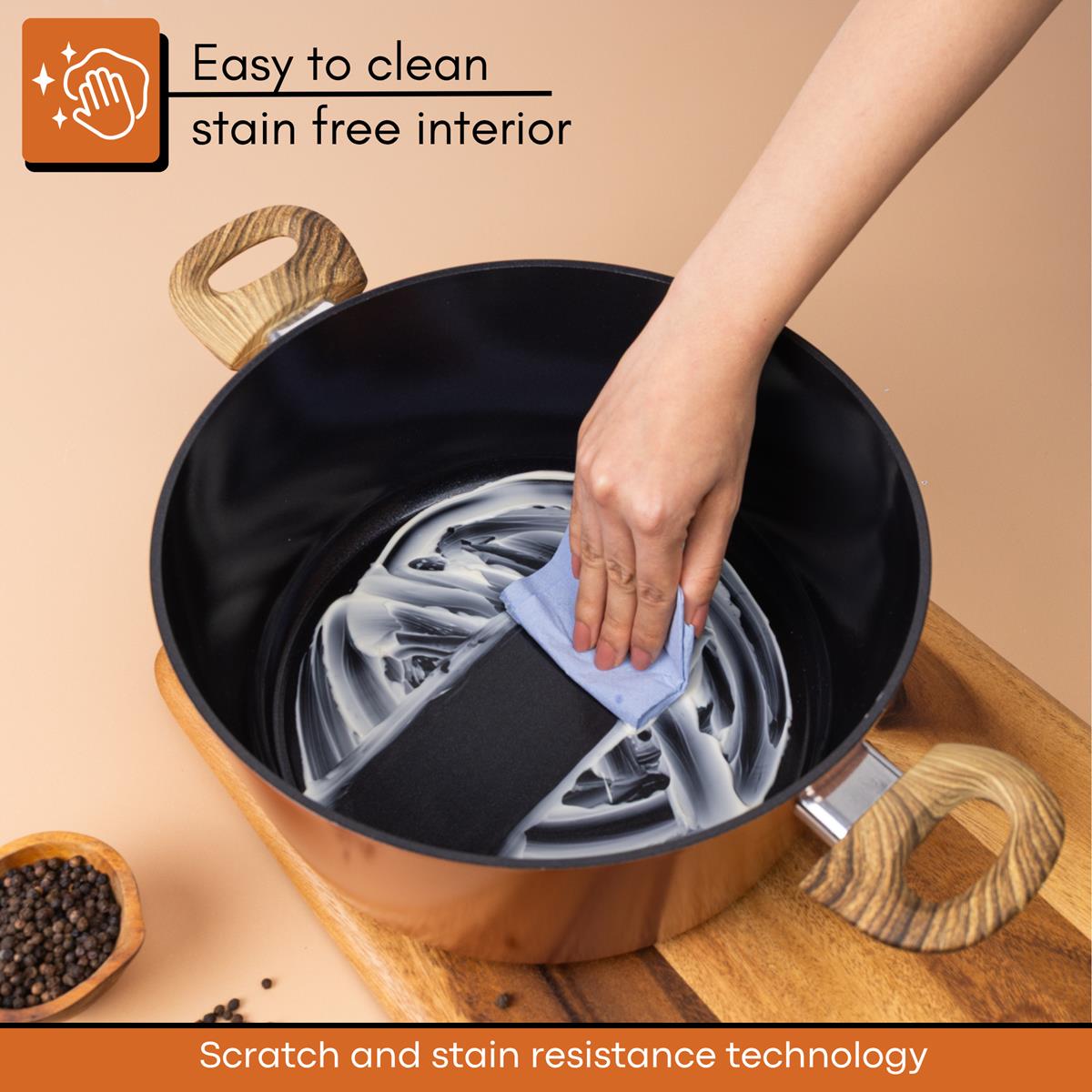 Easy to clean copper stockpot with stain free interior and scratch resistant technology