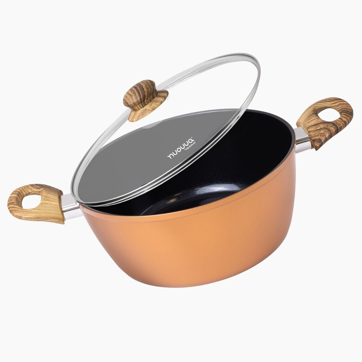 Nuovva copper stockpot with glass lid and wooden handles