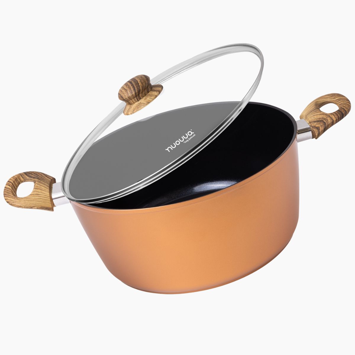 Nuovva copper stockpot with glass lid and wooden handles
