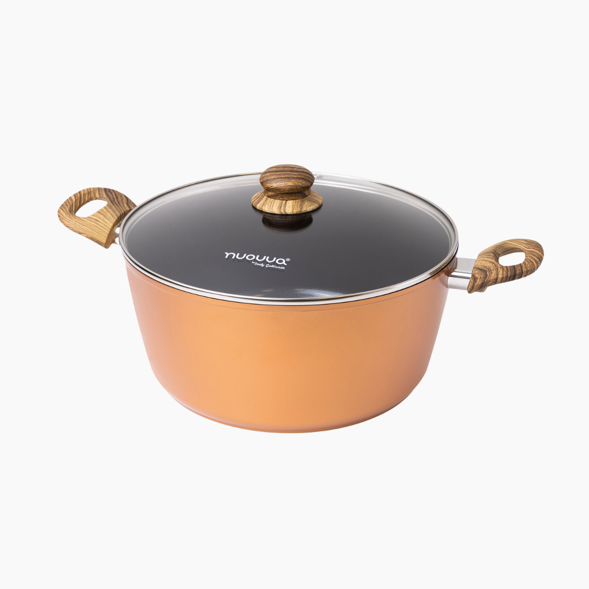 nuovva copper stockpot with glass lid and wooden handles 