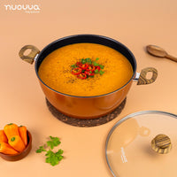 nuovva copper stockpot with glass lid and wooden handles for easy home cooking