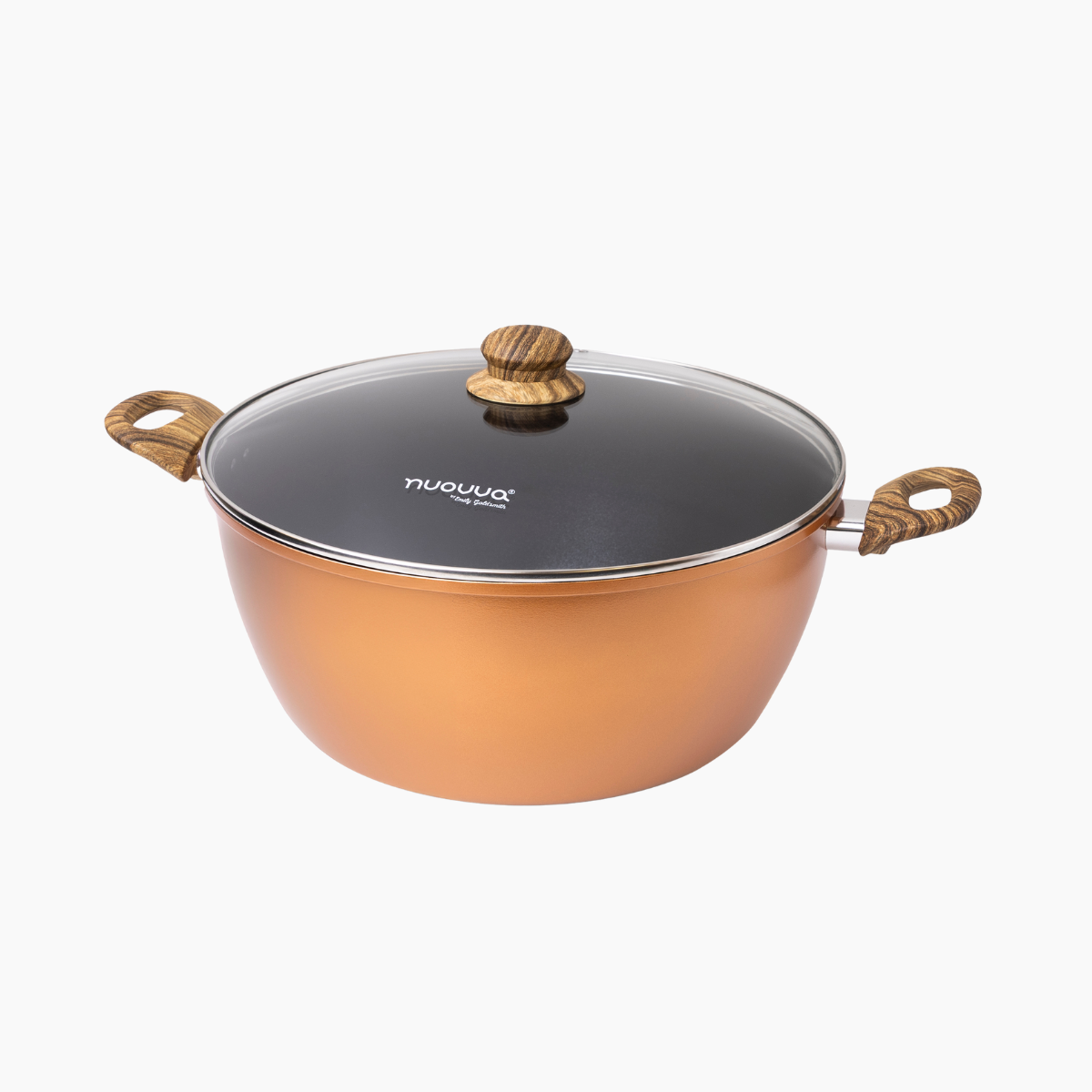 nuovva copper stockpot with glass lid and wooden handles 