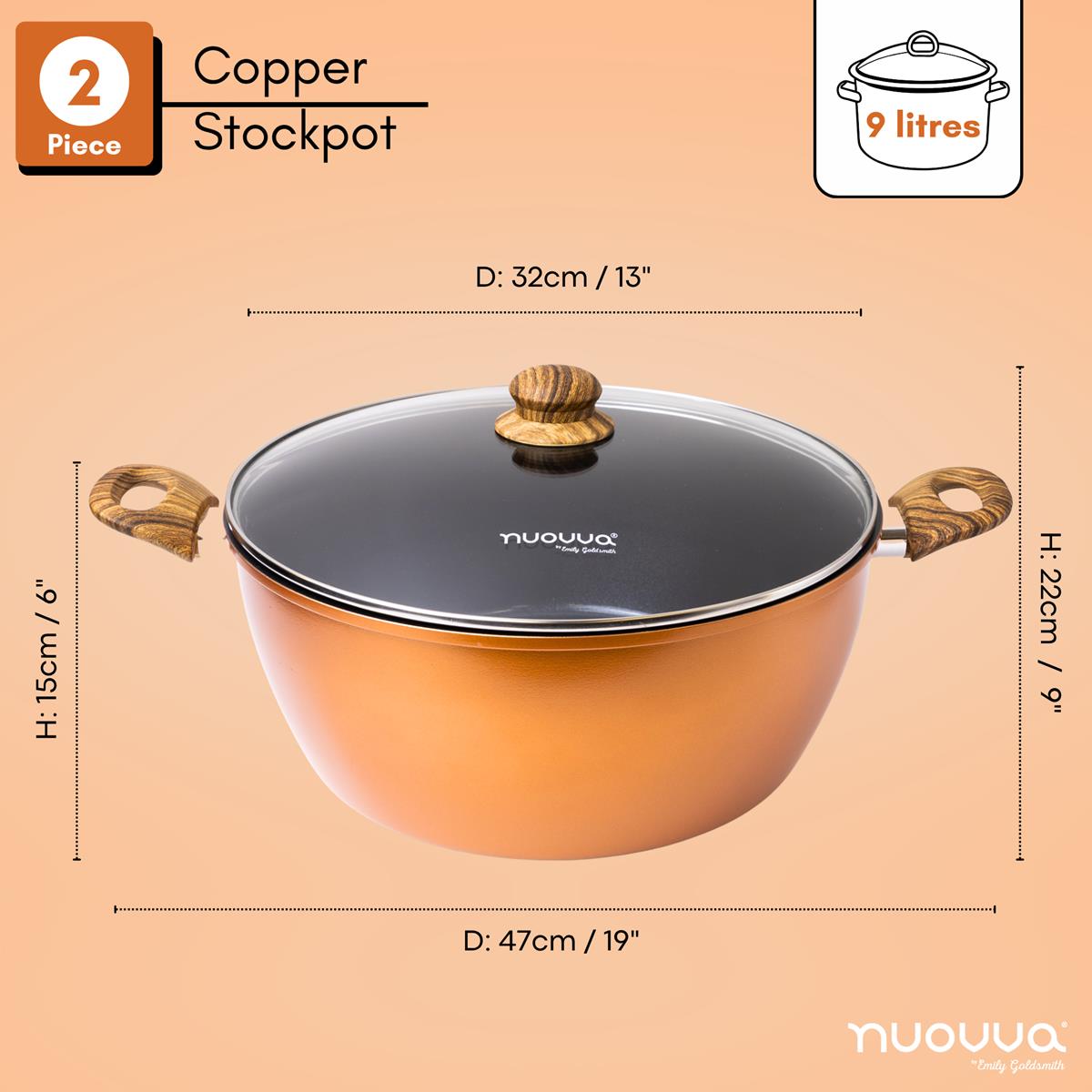 nuovva 2 piece copper stockpot is 32cm across with a 9L capacity.