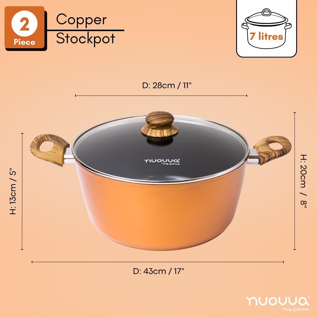 nuovva 2 piece copper stockpot with glass lid - 28cm across with 7 liter capacity