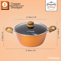 2pcs copper stockpot with 4L capacity, 10cm in height and 24cm across. 
