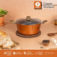 Nuovva 2 piece copper stockpot with ceramic coating, induction compatible base and heavy duty capabilities. 
