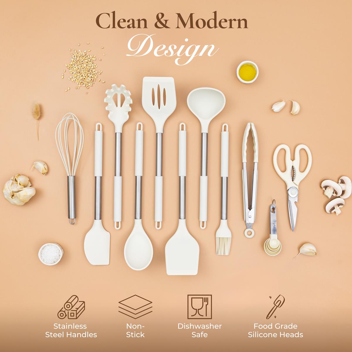 36-Piece Silicone Kitchen Utensils Set with Stainless Steel Handles, Cream