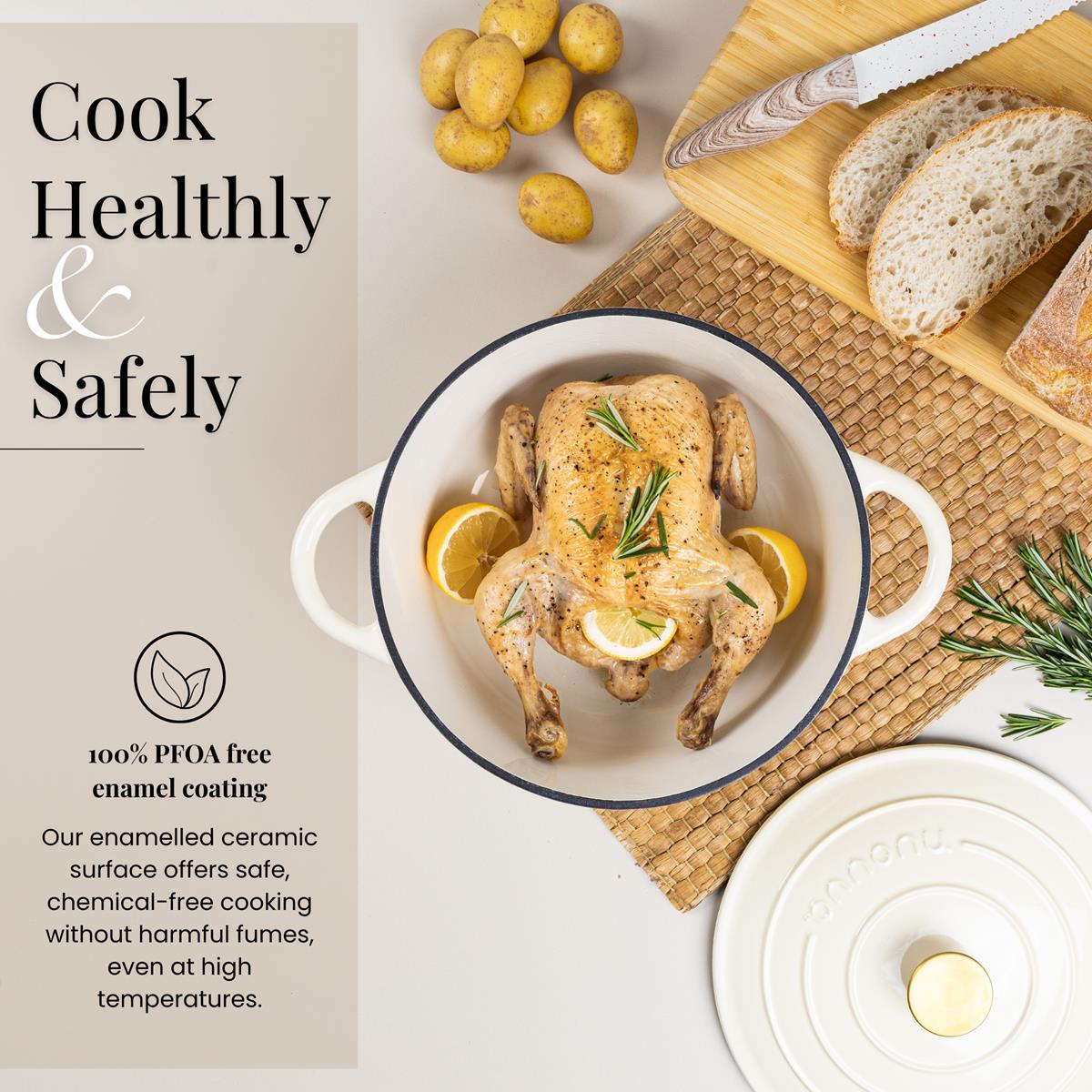 Cook healthily & safely with nuovva cream Dutch oven casserole pot with lid - PFOA free enamel coating. 