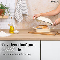 Nuovva cream cast iron loaf pan with lid and non-stick enamel coating for easy home baking. 