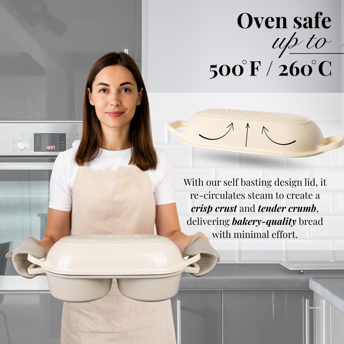 Nuovva cast iron oven safe cookware with self basting lid for crisp crust and tender quality bakery style bread at home. 