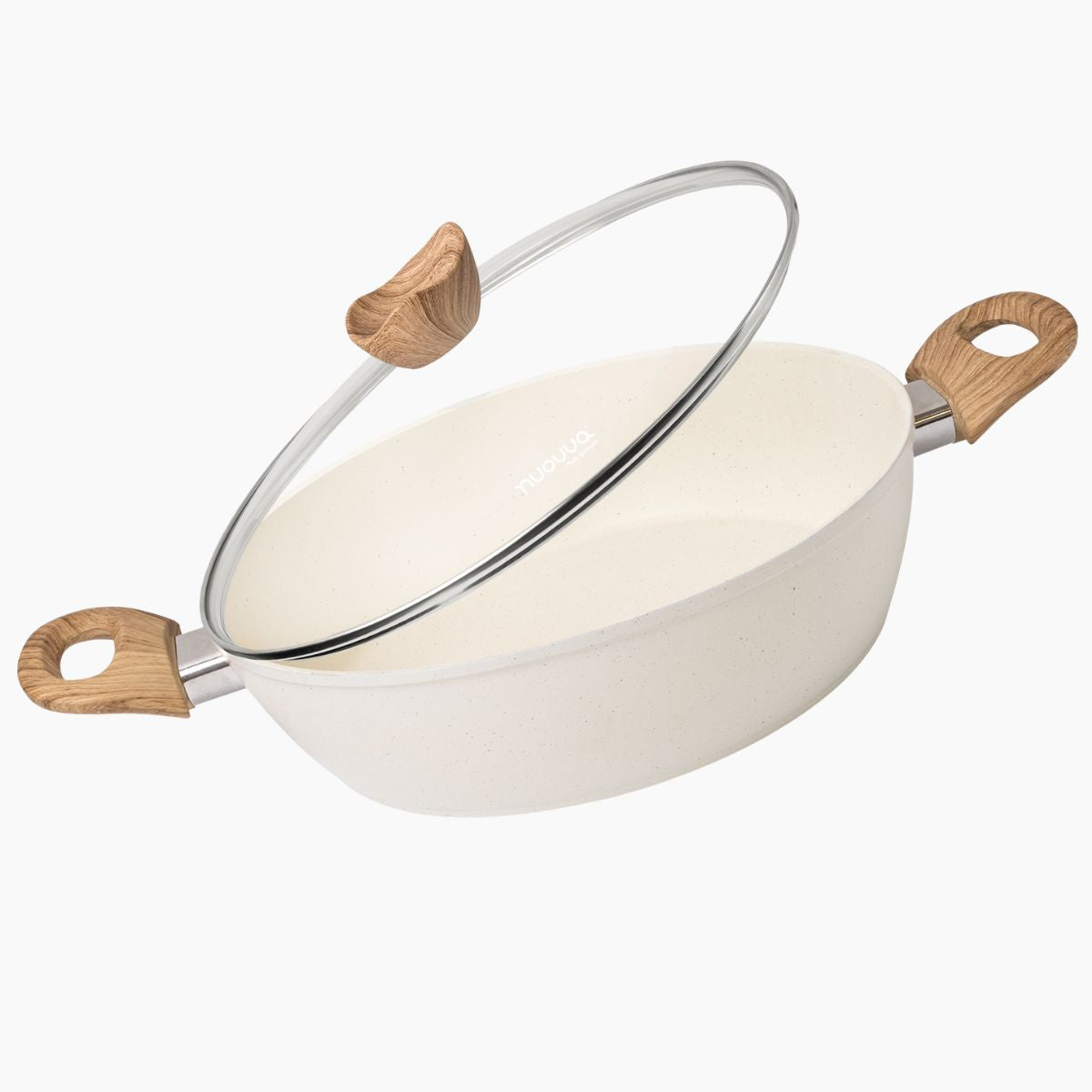 Cream casserole pot with glass lid and wooden handles
