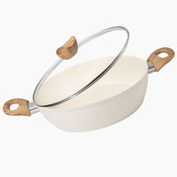 Cream casserole pot with glass lid and wooden handles