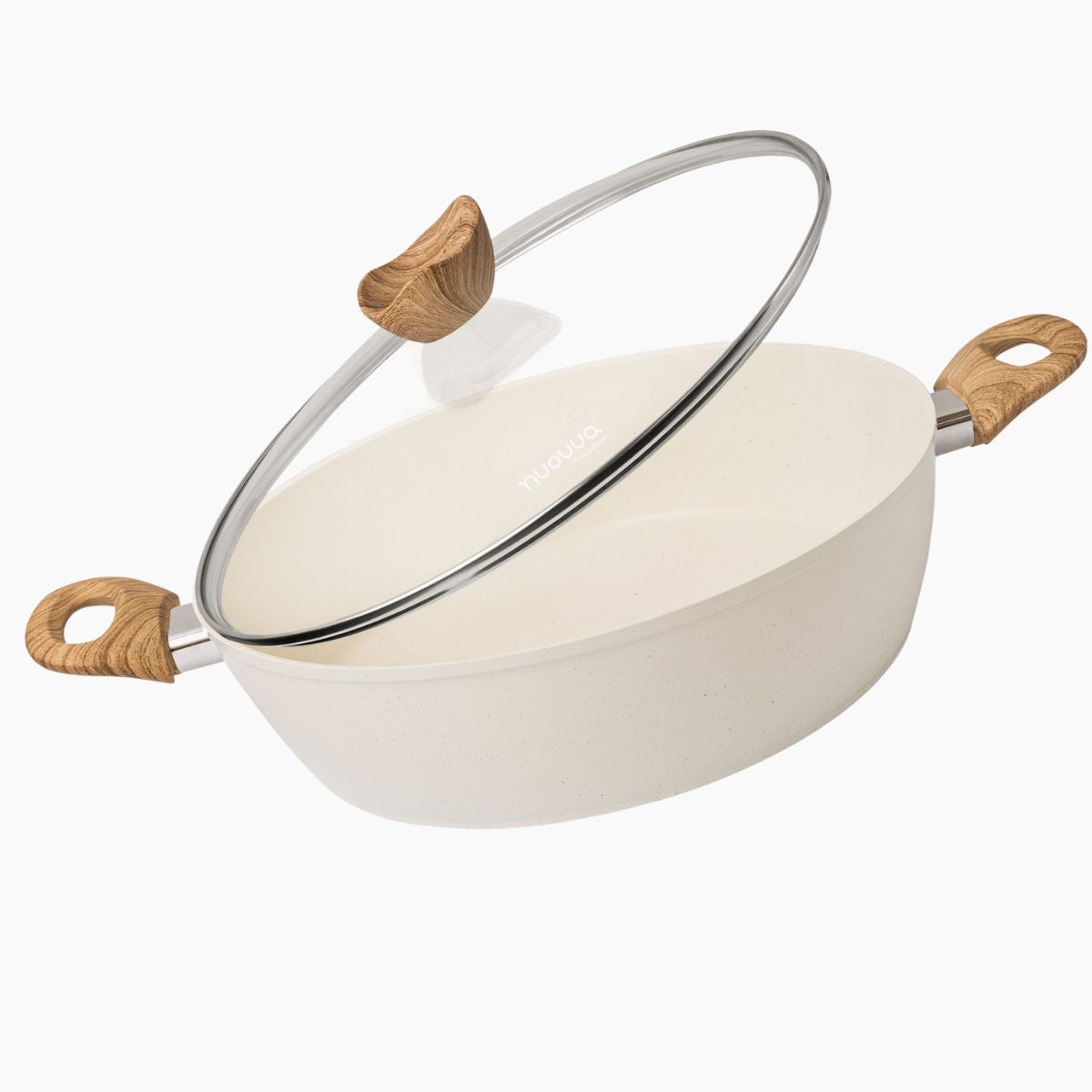 Cream casserole pot with glass lid and wooden handles