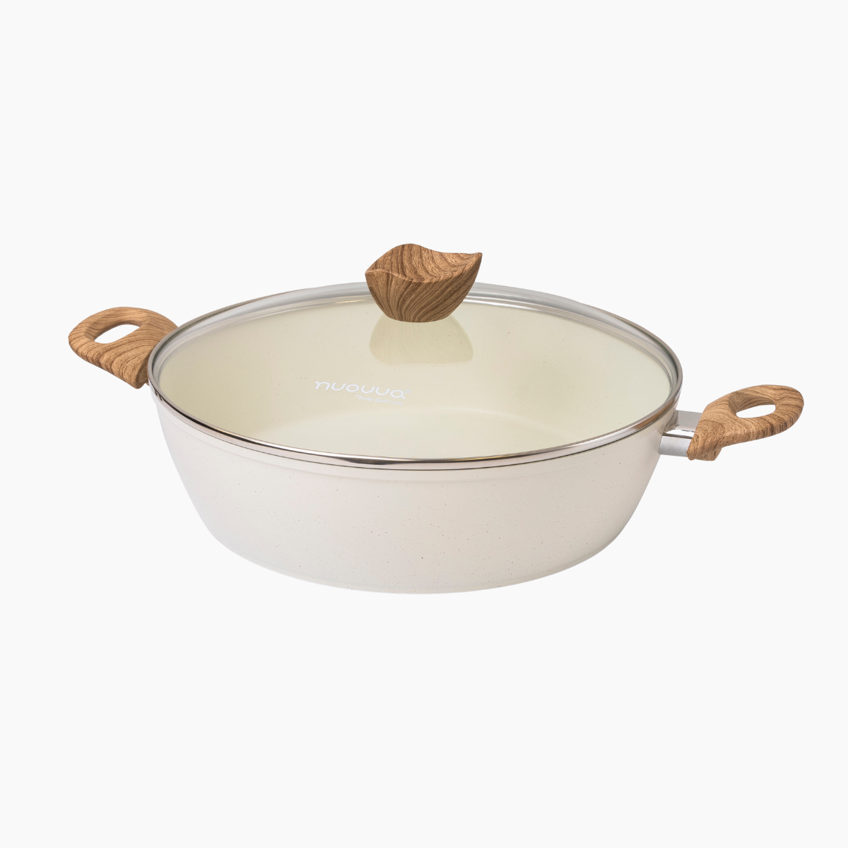 nuovva cream ceramic casserole pot with glass lid, wooden handles and knob.